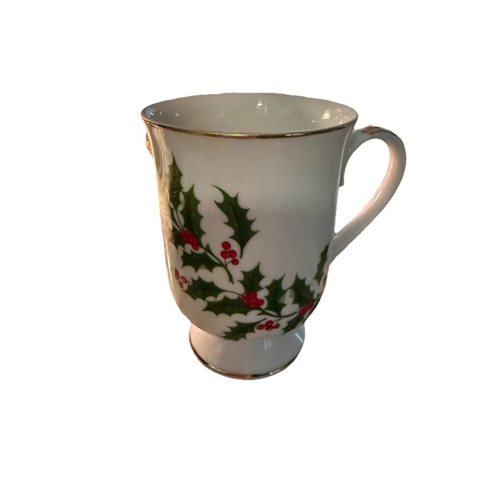 Vtg Holly Leaf  All The Trimmings Coffee Tea Mug footed Coca Bar Japan Handle